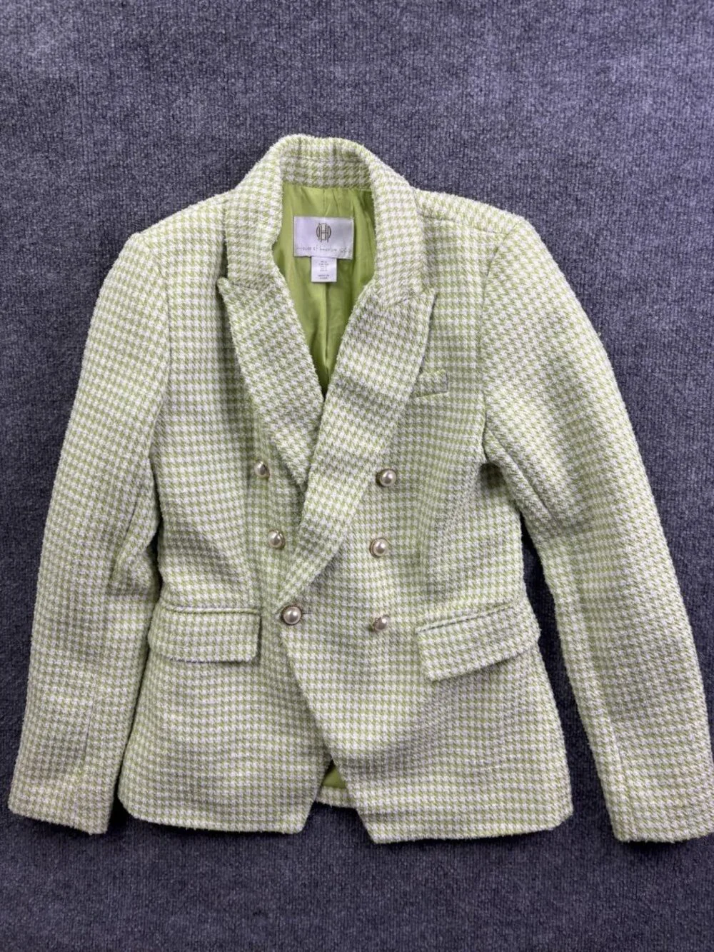 House Of Harlow 1960 Blazer Womens Small‎ Green Tweed Double Breasted Check